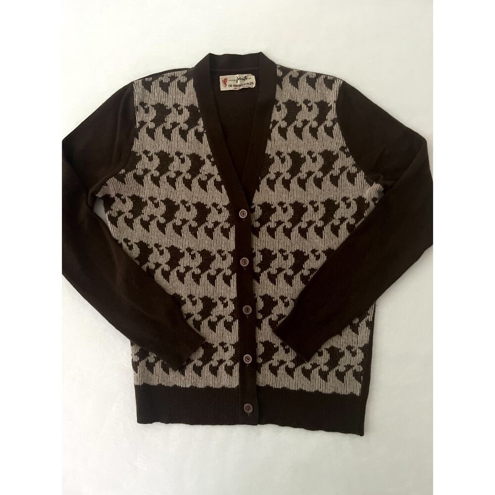 VTG Pringle Cardigan Sweater Men M Brown Lambswool V Neck Geometric Scotland